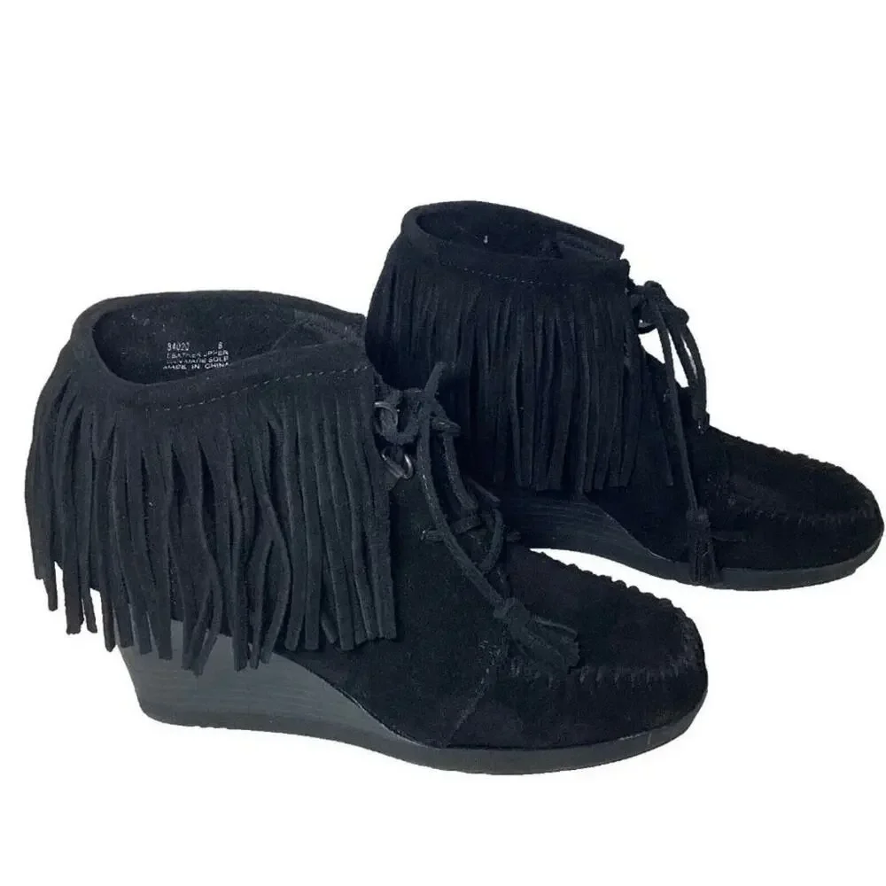 MINNETONKA Womens Black Suede Fringe WEDGE Booties Size 8.5 LACE Up